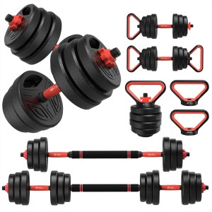 Zestaw Wielofunkcyjny 6w1: Hantle Sztanga Kettlebell – 20 kg  Regulowane Obciążenie i Uchwyty do Pompek
