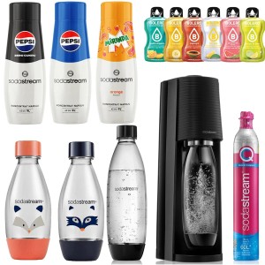 SodaStream Terra Czarny Saturator + 3 Butelki (1L + 2x 0,5L) + 3 Syropy + 6x Bolero – Zestaw Mega Pack 