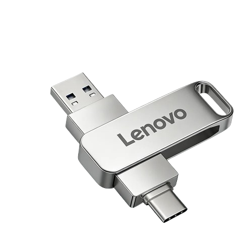 Srebrny metalowy pendrive Lenovo 256GB USB 3.2 ze złączami USB-A i Type-C