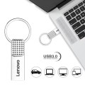 Srebrny pendrive Lenovo z brelokiem podłączony do laptopa infografika z zastosowaniem