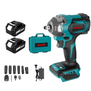 Bezszczotkowy klucz udarowy w zestawie z dwoma bateriami i skrzynką